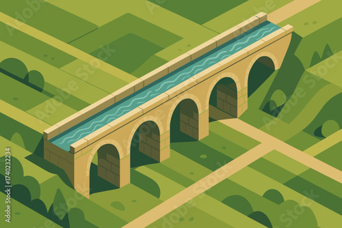Aqueduct water vector isometric stone bridge geometric illustration arches carrying stylized