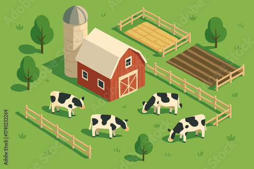 Scene fields illustration silo vector farm pasture isometric red green stylized cows