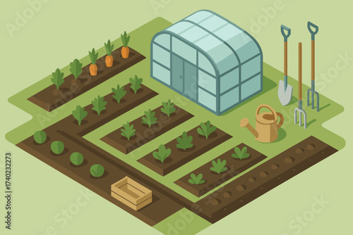 Scene illustration vector isometric greenhouse farm crops tools vegetable garden geometric rows