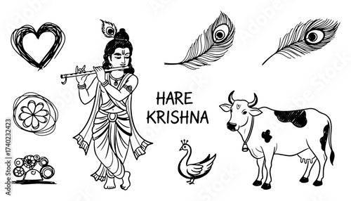 Lord Krishna Elements Set with Flute Peacock Feathers and Cow