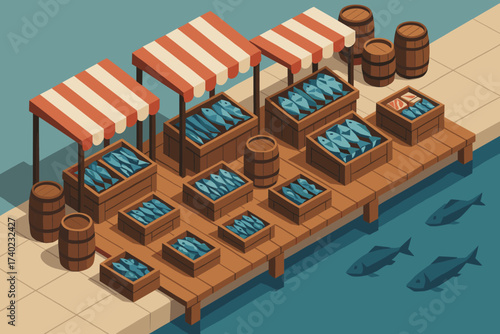 Stylized geometric dockside market fish barrels displayed crates illustration vector stalls