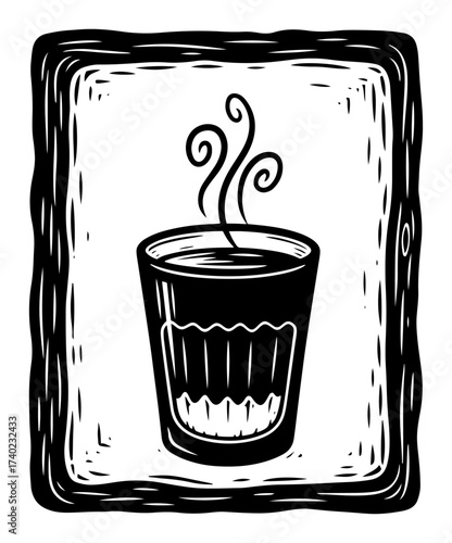 Cutting Chai in Glass Woodcut Illustration