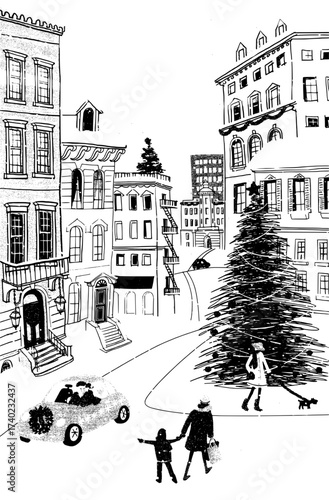 Charming city streetscape drawing with holiday tree, shoppers, and decorated car evokes winter cheer and festive spirit for seasonal designs or greetings