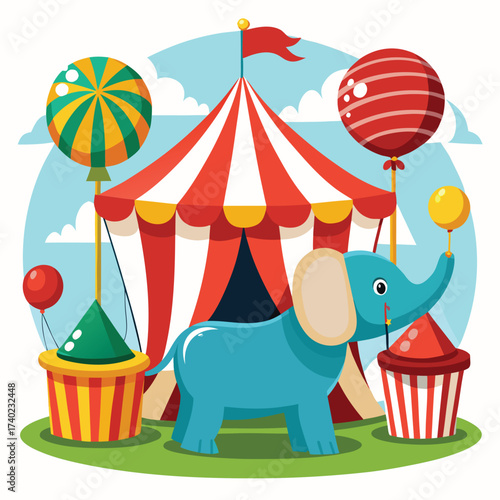 Circus elephant performing under a big top tent with balloons
