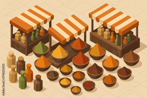 Shaded isometric awnings geometric vector stalls illustration fabric bowls powders spice market