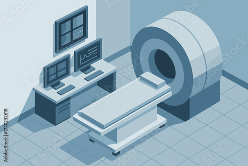 Modern machine room vector patient bed illustration imaging geometric mri monitors diagnostic