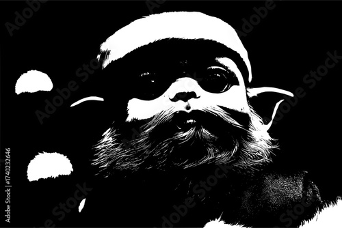 Whimsical Santa creature with striking eyes and a furry beard spreading holiday cheer, perfect for festive cards and digital greetings with a unique twist