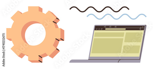 Gear beside a laptop displaying a webpage, symbolizing collaboration, innovation, workflow, system optimization, development, technology, and user interface. Ideal for IT innovation and project