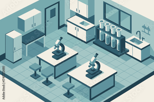 Stylized research inside geometric modern vector illustration lab microscopes hospital test benches
