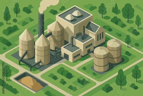 Storage vector biomass tanks stylized modern surroundings geometric green power illustration
