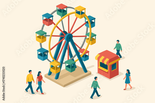 Walking people booth wheel isometric vector illustration nearby colorful ferris