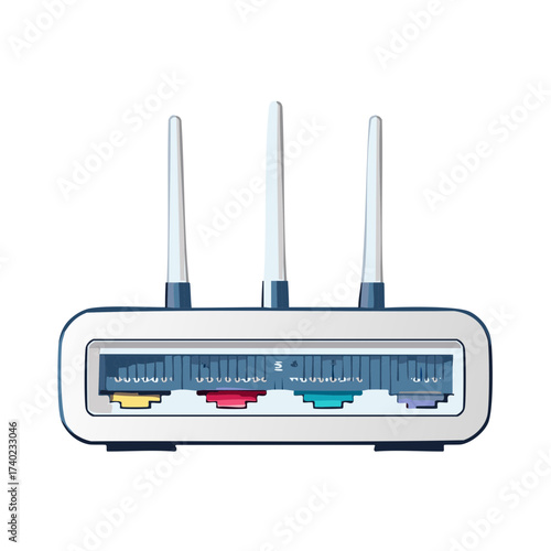 Wireless Router Illustration with Antennas and Connection Ports Internet Network Equipment