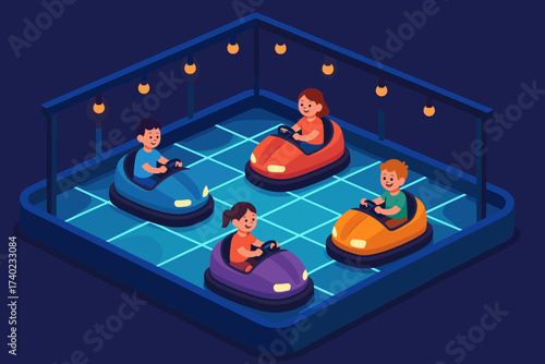 Cars vector isometric grid floor playing illustration glowing bumper children car