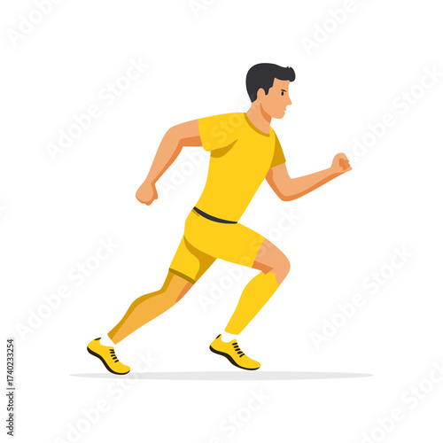 Athletic man sprinting, vector illustration. Energetic male runner wearing yellow sportswear, running forward at speed.