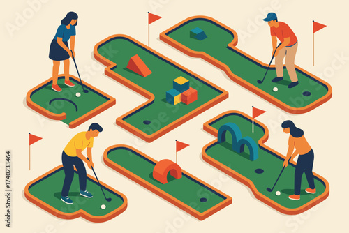 Illustration colorful flags vector aiming holes mini obstacles course players golf isometric