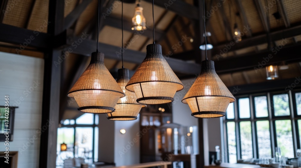 Fototapeta premium A room with four hanging lights, each with a different shade. The lights are hanging from the ceiling, creating a warm and inviting atmosphere. The room has a rustic feel, with wooden accents