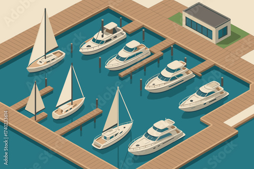 Surrounded anchored scene boardwalks yachts marina floating illustration isometric docks sailboats vector