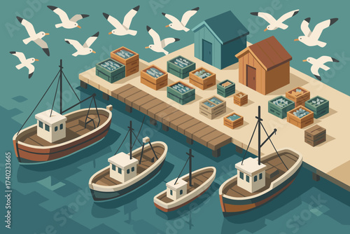 Fishing small sheds vector seagulls boats illustration isometric above crates harbor