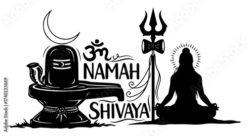 Om Namah Shivaya with Shivling Trishul and Meditating Yogi