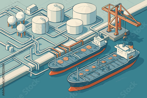 Vector near oil tankers scene heavy illustration harbor industrial pipelines machinery port