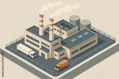 Vector light perimeter nearby illustration emitting tall factory isometric industrial fenced smoke