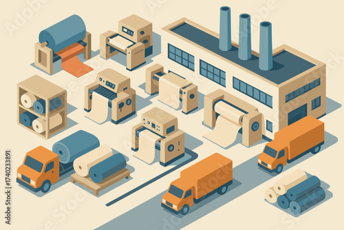 Production factory rolls delivery vector trucks illustration machines textile building fabric