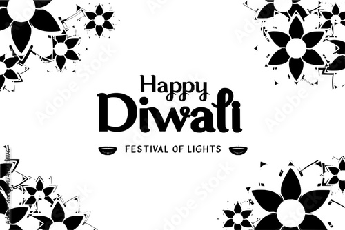 Celebrate the Festival of Lights with this Happy Diwali Design featuring Elegant Floral Elements, Perfect for Greeting Cards and Festive Invitations, Black and White