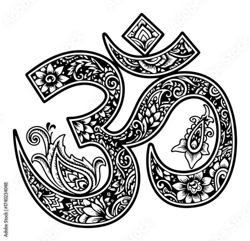 Ornate Om Symbol with Lotus and Paisley Line Art Vector