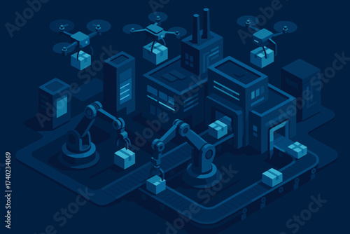Vector glowing futuristic plant illustration moving drones panels automated factory arms