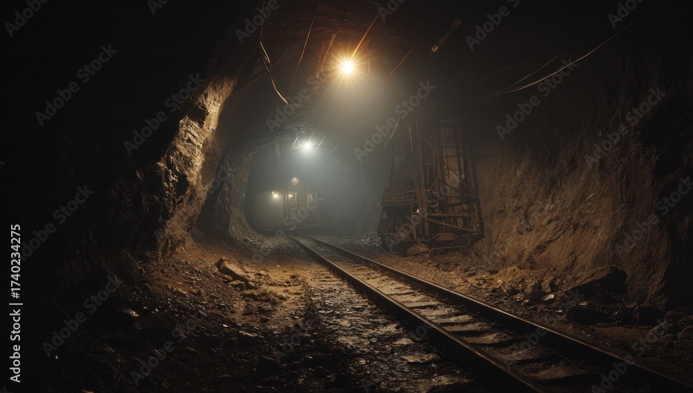 Naklejka premium A dark, gritty tunnel with tracks, illuminated by overhead lights, hinting at mining