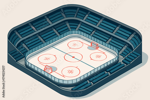 Illustration surrounding vector isometric rink grandstands ice stadium markings goals hockey