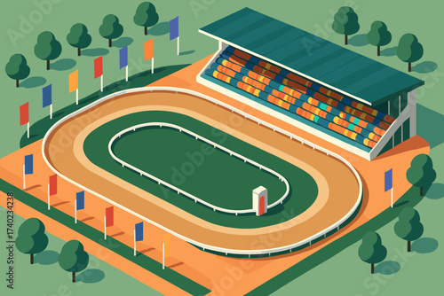 Horse track illustration racing oval colorful banners circuit grandstands isometric vector