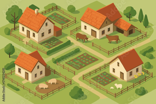 Traditional illustration open fences scene vector wooden gardens livestock farmhouses yards farmhouse