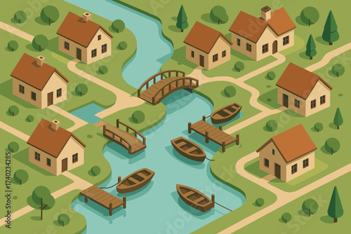 Vector tied riverside to illustration boats bridges village wooden isometric small cottages