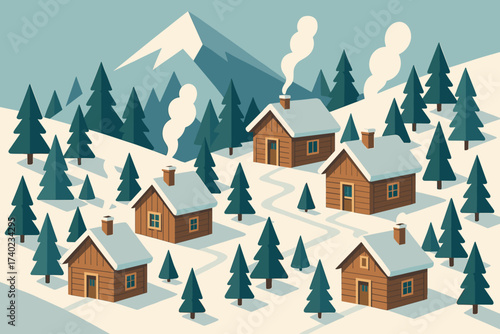 Mountain wooden trees smoking chimneys snowy pine cabins village illustration vector