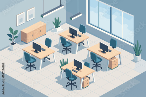 Modern windows illustration large chairs desks computers office workspace isometric vector