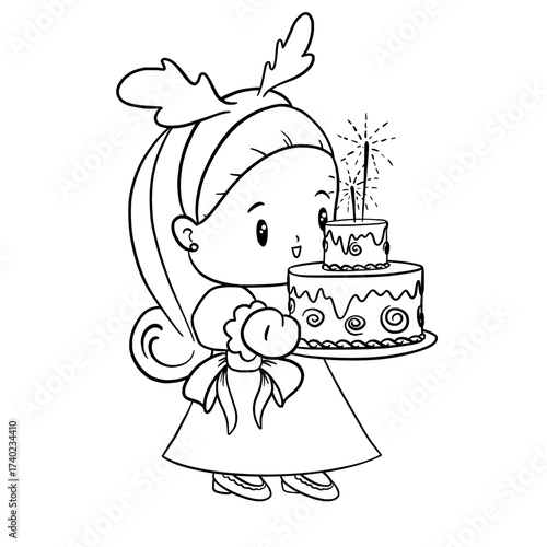 Adorable cartoon girl cheerfully holds a celebratory birthday cake with glowing sparklers, a heartwarming design for invitations and coloring pages