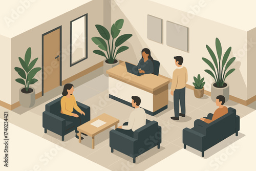 Area lounge visitors waiting front illustration plants reception modern indoor vector