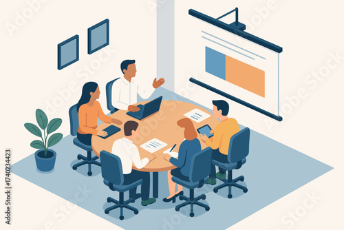 Room table office projector chairs round collaborative illustration collaborating screen people meeting