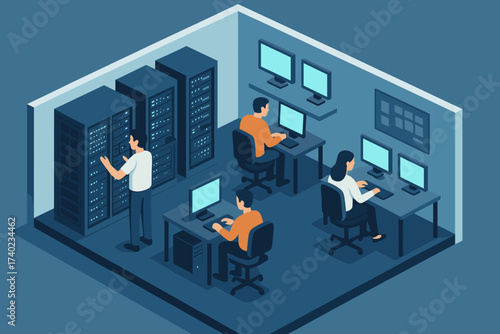It glowing technicians isometric room computers working illustration office vector department servers