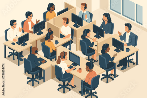 To headsets employees rows illustration center floor vector desks talking clients call