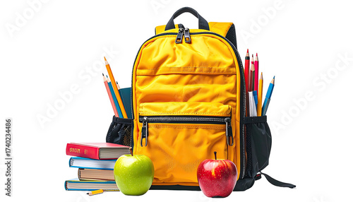 Yellow backpack filled with school supplies and books, including pencils, pens, and an apple