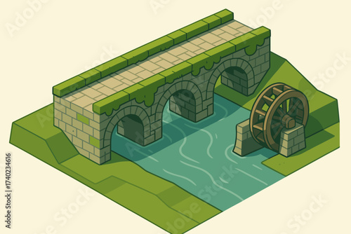 Isometric watermill stone nearby arches illustration moss footbridge vector ancient