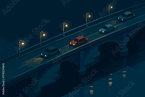 Streetlamps illustration crossing vector glowing night bridge cars reflections water