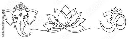 Ganesha Lotus and Om Line Art Divider Vector