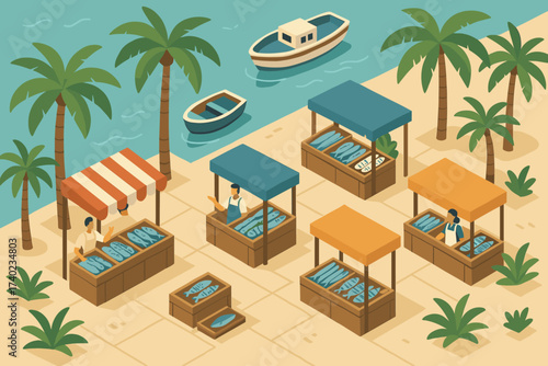 Anchored vector market boats palm illustration seaside around nearby scene trees
