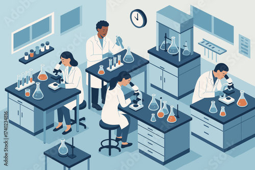 Research scientists isometric benches illustration vector white microscopes lab modern glassware