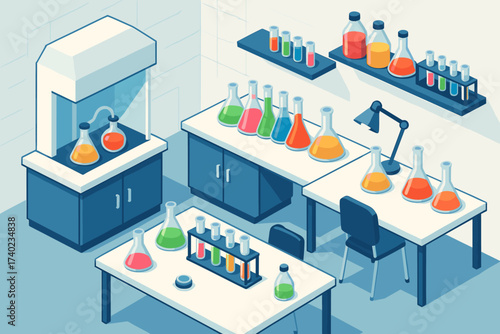 Illustration chemical test tubes colorful isometric fume vector flasks chemistry workstations lab