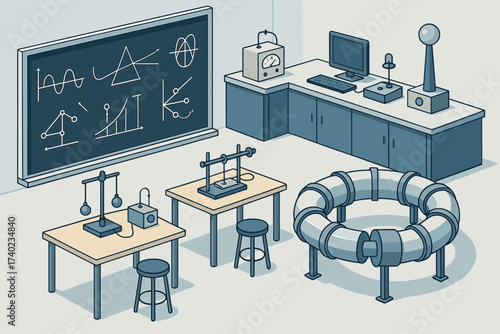Chalkboard model particle isometric devices experimental lab accelerator physics large vector illustration
