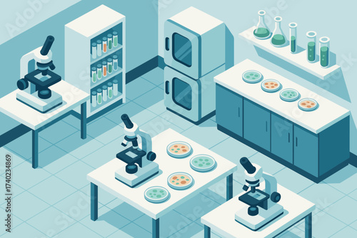 Petri microscopes isometric vector samples incubators cabinets lab dishes biology illustration
